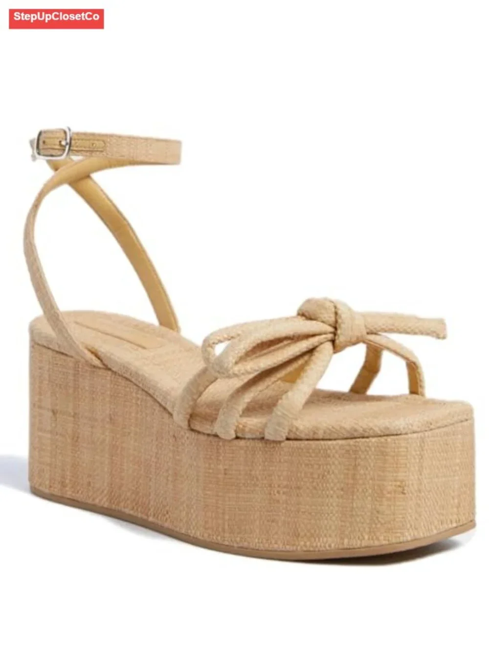 Natural Raffia Platform Sandals Espadrille Wedges Bow Ankle Strappy Woven Straw